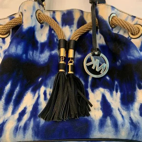 Michael Kors Marina Tie Dye Tote Blue Canvas Large Bag Tassel Gold Hardware - Picture 3 of 9